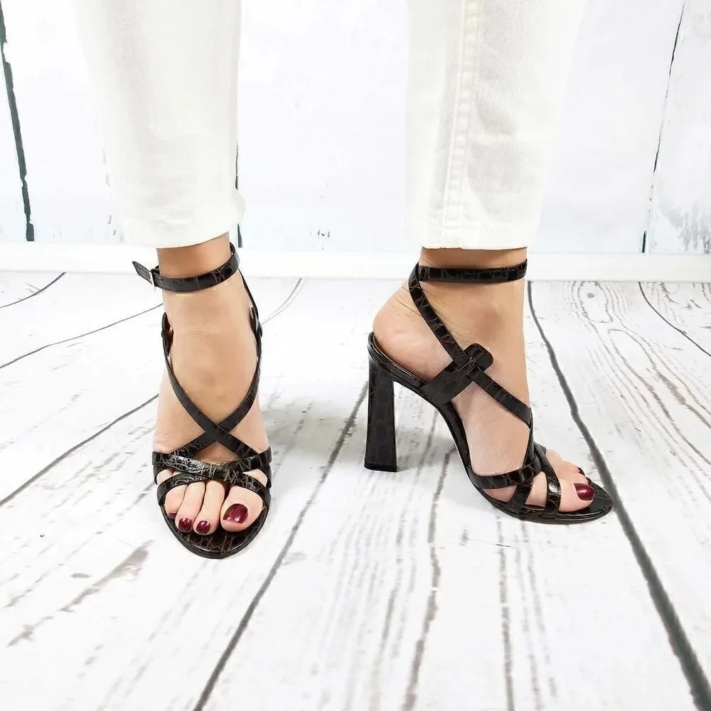 New DSQUARED 2 Women Shoes US 8 Brown Croc Embossed Leather High Heel Sandals